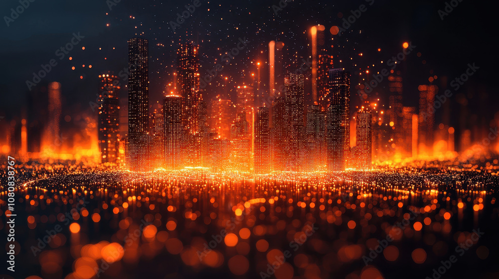 Naklejka premium vibrant holographic projection of futuristic cityscape, glowing with orange and gold lights, creates mesmerizing atmosphere. skyline is filled with towering buildings and dynamic energy