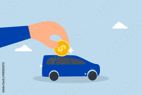 Car leasing, entrepreneur hand proprietor place dollar currency coin into new vehicle. 