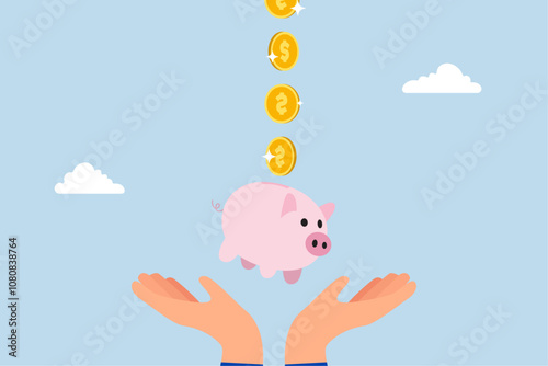 Frugality, coins in dollars fall into a hand grasping a piggy bank. 