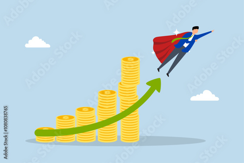 Money growth investment growing profit, success businessman superhero flying up money coins stack.
