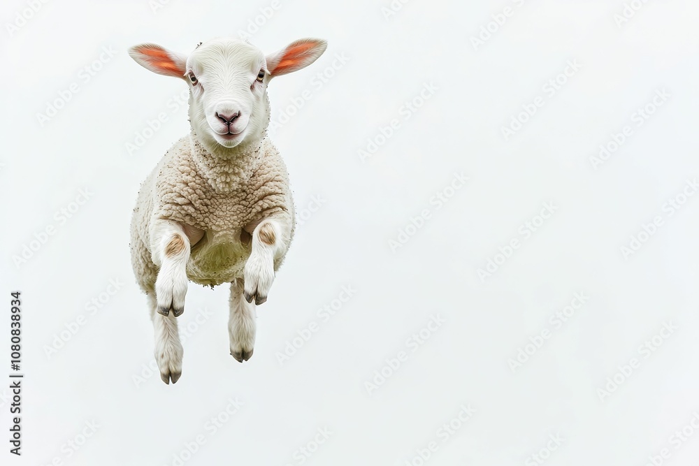 Fototapeta premium White lamb upside down in mid-air.