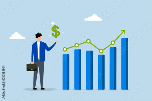 Sales person, entrepreneur grips cash alongside upward trend graph.