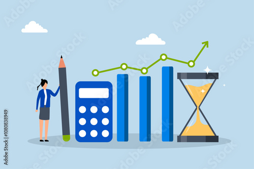 Financial planning, woman organizing her savings with a piggy bank growth diagram. 