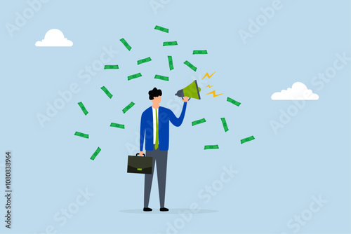 Referral marketing, businessman talk on megaphone money banknotes.