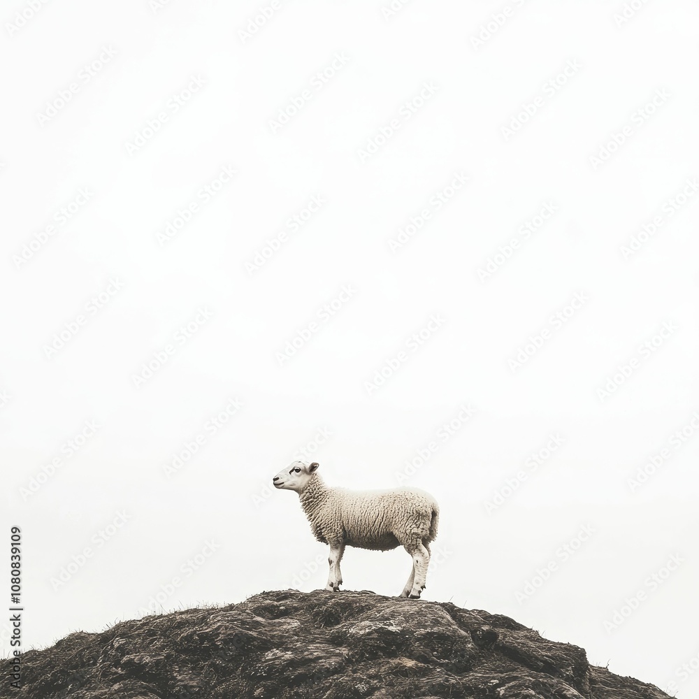 Fototapeta premium A single sheep stands on a rocky hill.