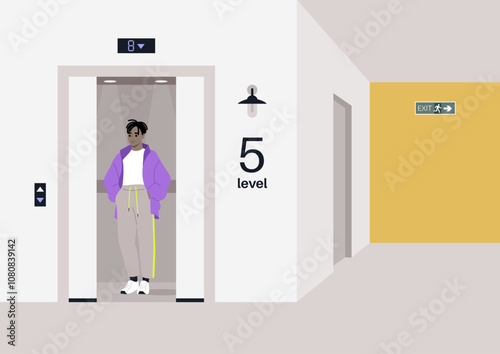 A young individual stands confidently in a stylish outfit, poised in an elevator, as the doors are open to level five, surrounded by clean lines and modern architecture in a busy building