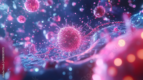 Vibrant microscopic view of viruses and cells, showcasing intricate details and dynamic movement in colorful environment. image evokes sense of wonder and curiosity about microscopic world