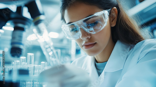 A focused woman in laboratory setting, wearing protective goggles and gloves, conducts an experiment with test tubes and pipettes. Her concentration reflects importance of scientific research