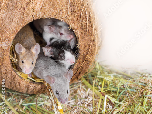 Fototapeta Naklejka Na Ścianę i Meble -  Colorful little house mice sit in a coconut house with straw. Animal for research, experiments, field pest, pet, pet shop, animal care