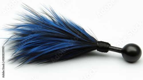 Blue and black feather tickler with a black ball handle.