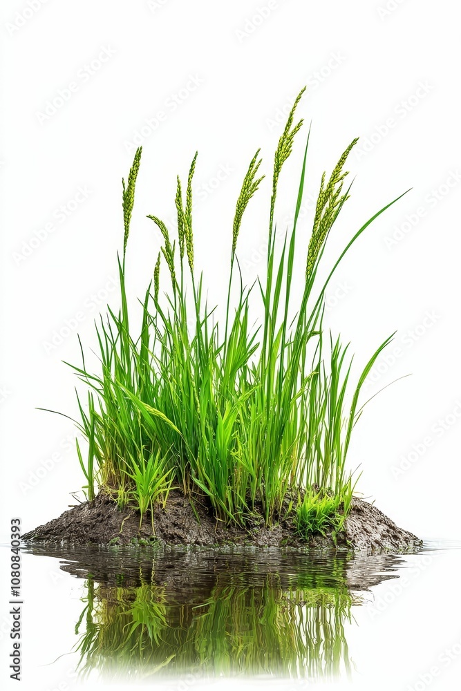 Obraz premium Green grass clump reflected in water.