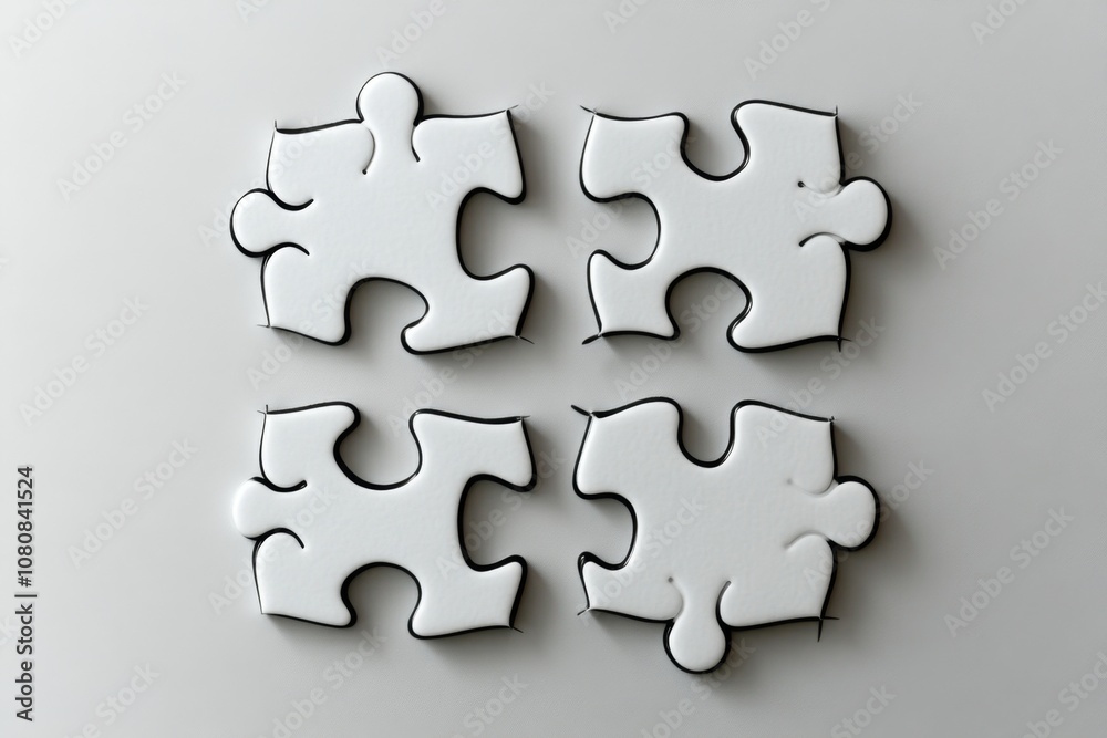 Obraz premium Black and white outline of four puzzle pieces fitting together in a minimalist grid layout