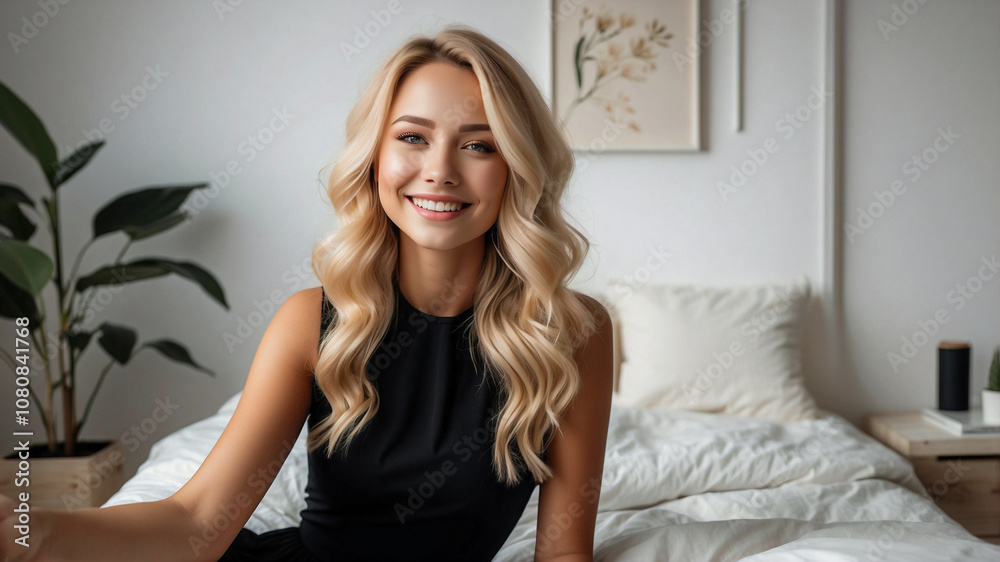 Cozy Bedroom Selfie with Beautiful Blonde Woman in Black Dress Cozy Bedroom Selfie with Beautiful Blonde Woman in Black Dress