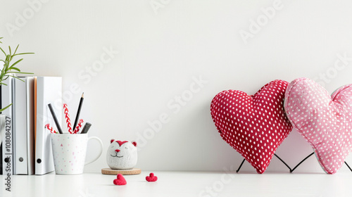 Celebration of romantic spirit. Office table dest with hearts on it and copy space empty place for desk. Valentine's Day and love celebration concept. 