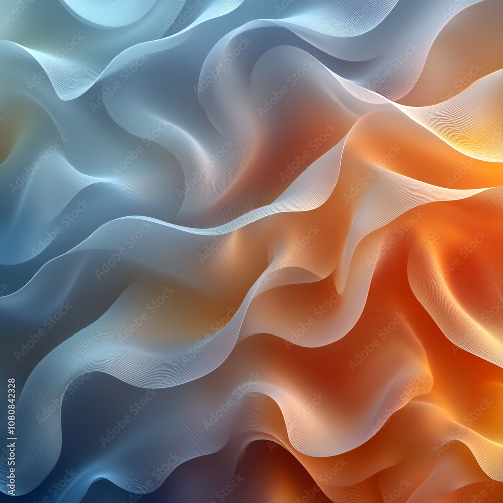 Obraz premium An abstract background featuring smooth, wave-like lines in soft gradients of blue, light orange, and brown tones. The flowing curves create a sense of movement, airiness, and elegance