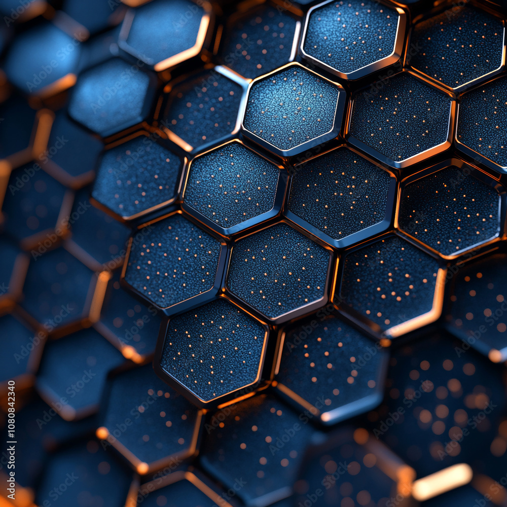3D background with a pattern of convex and concave hexagons, matte and glossy textures, a combination of black and metallic blue, a sense of volume and depth 