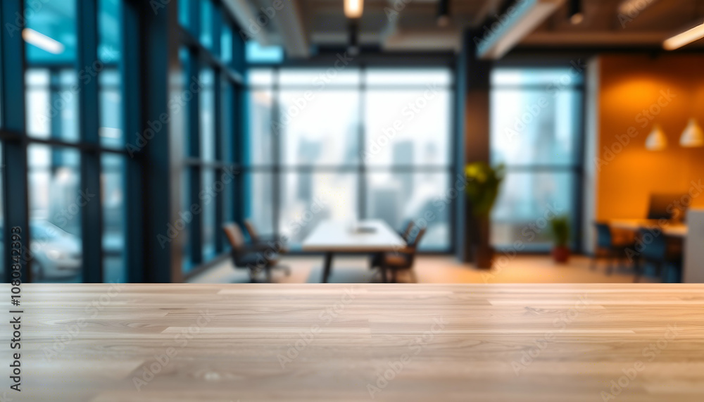 Wooden table in light office with panoramic windows Wooden table in light office with panoramic windows