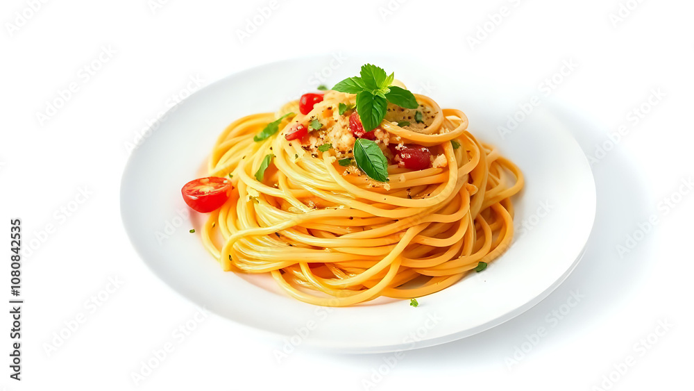 Spaghetti on white plate isolate on white backgound. Ai generated image Spaghetti on white plate isolate on white backgound. Ai generated image