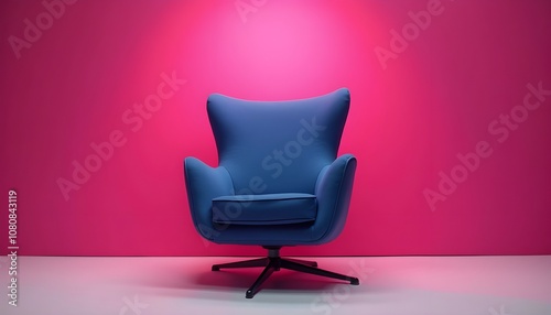  a sleek, modern armchair set against a vibrant pink backdrop. The chair is upholstered in deep, rich blue fabric, featuring a high backrest and armrests that exude comfort and sophistication. 