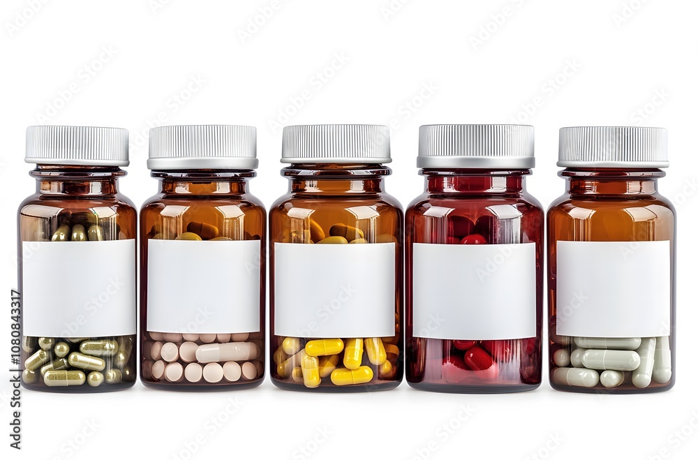 various medicine bottles with blank labels, isolated on a white background various medicine bottles with blank labels, isolated on a white background