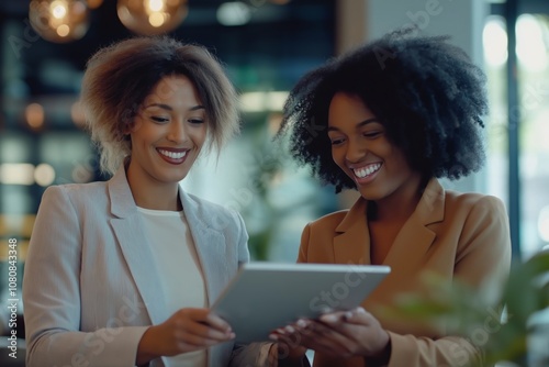 In a contemporary business environment, two women are actively collaborating and brainstorming ideas. Their dynamic connection showcases the power of communication and creativity for entrepreneurs