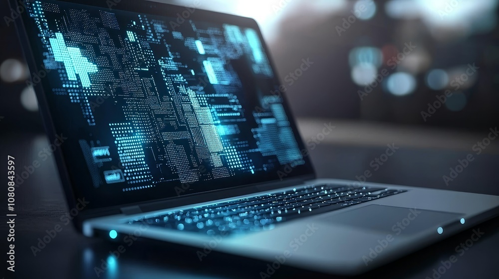 A modern laptop displays intricate digital data patterns, symbolizing advanced technology and innovation in computing. A modern laptop displays intricate digital data patterns, symbolizing advanced technology and innovation in computing.