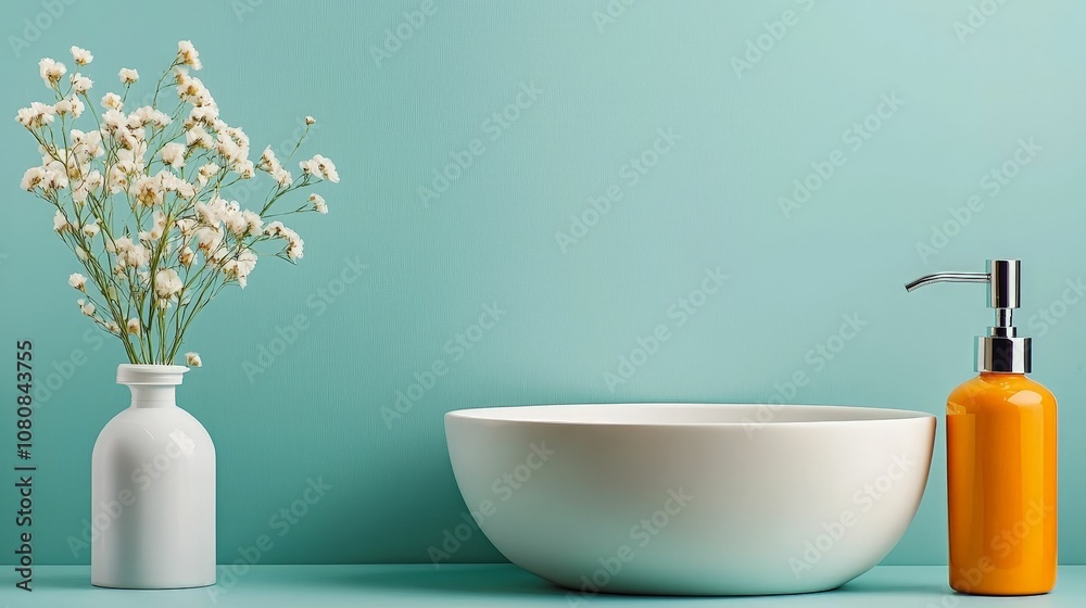 The bathroom and toilet are always clean and organized. A serene bathroom setup featuring a white bowl, orange soap dispenser, and a flower vase against a soft teal backdrop. The bathroom and toilet are always clean and organized. A serene bathroom setup featuring a white bowl, orange soap dispenser, and a flower vase against a soft teal backdrop.