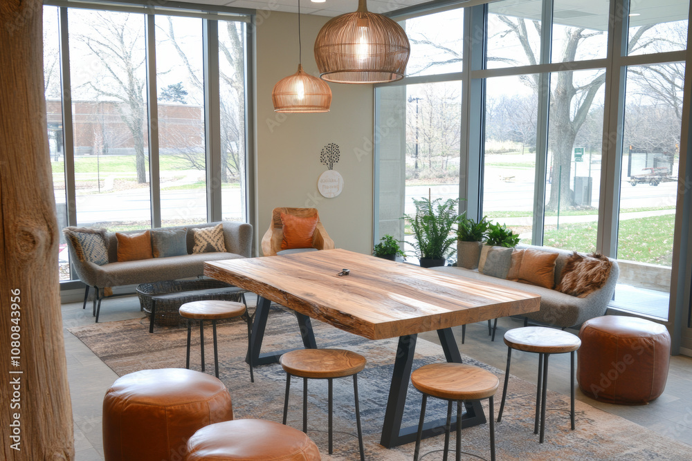 A modern and inviting interior space featuring large wooden table surrounded by comfortable seating. room is filled with natural light, creating warm atmosphere perfect for gatherings A modern and inviting interior space featuring large wooden table surrounded by comfortable seating. room is filled with natural light, creating warm atmosphere perfect for gatherings