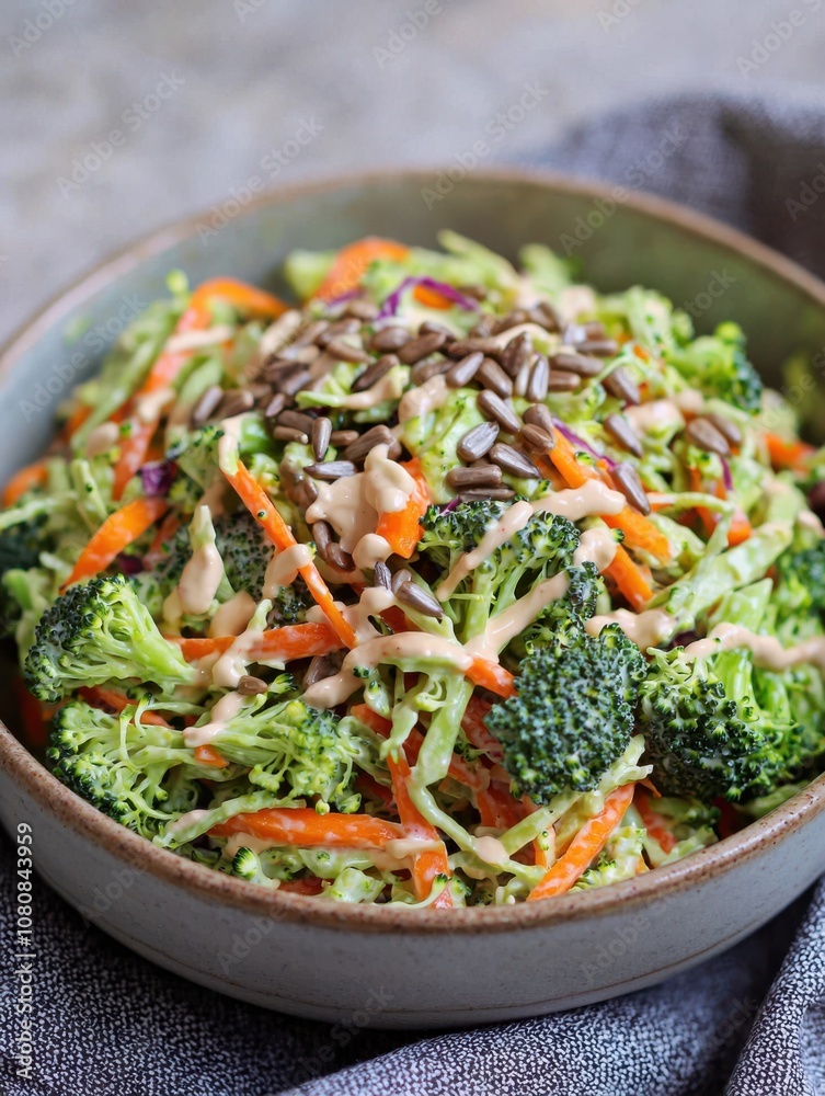 Delicious broccoli salad with creamy tahini dressing and sunflower seeds for a healthy meal Delicious broccoli salad with creamy tahini dressing and sunflower seeds for a healthy meal
