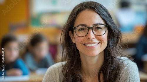 Smiling Female Teacher in a Classroom