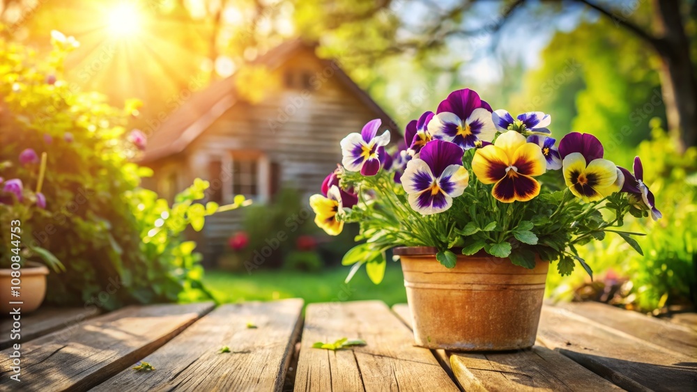 Vibrant Pot of Pansies on Rustic Wooden Deck in Picturesque Garden with Sunshine and Blooming Flowers Vibrant Pot of Pansies on Rustic Wooden Deck in Picturesque Garden with Sunshine and Blooming Flowers