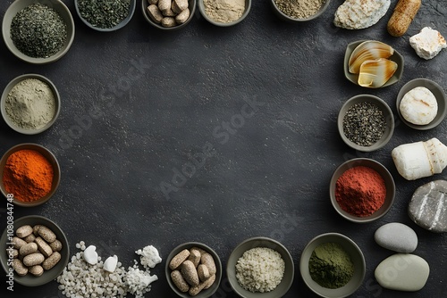 various multivitamin supplements, and powder bowls filled with rocks or sea shells