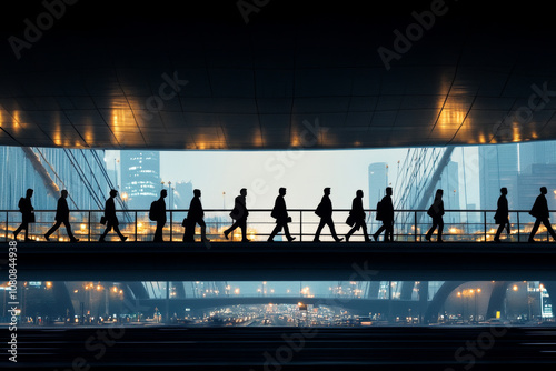 image captures dynamic urban scene with silhouettes of people walking across bridge, showcasing hustle and bustle of city life. backdrop features modern skyline, enhancing sense of movement and energ photo