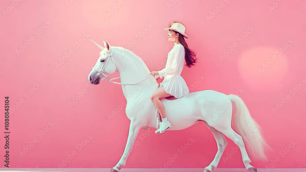 A happy young beautiful cheerful girl goes to school on her fairy tale white unicorn. Abstract concept on a pastel pink background. Education is more beautiful in imagination. Video