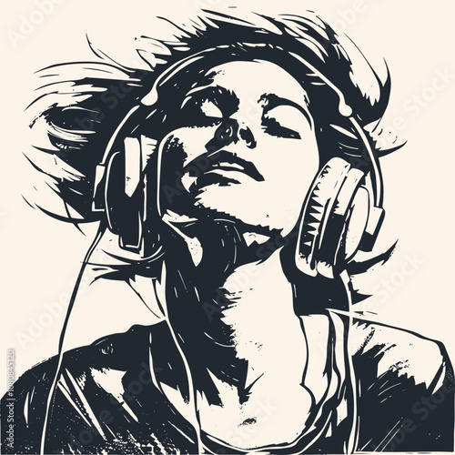 Happy young woman listening to music on headphones and dancing in the wind, vector illustration