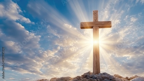 Tall wooden cross illuminated by rays of light against a bright blue sky and fluffy white clouds, symbolizing hope and new beginnings photo