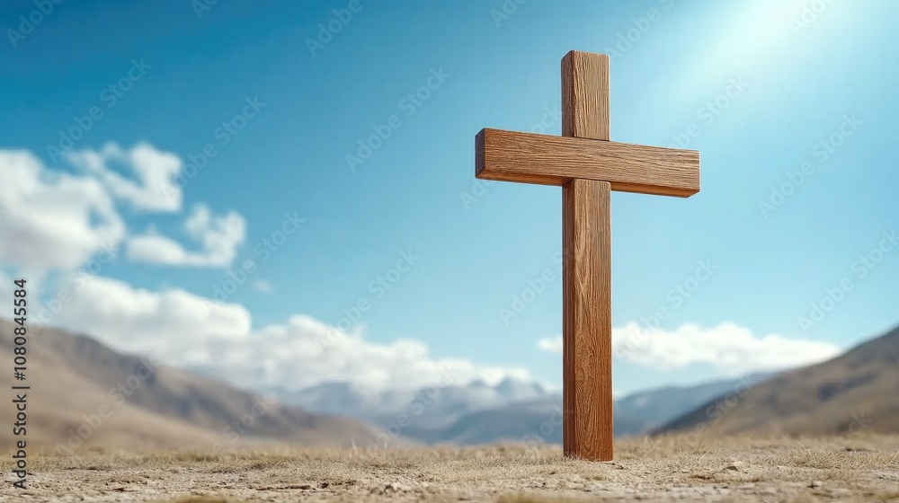 A wooden cross illuminated by rays of light under a blue sky with white clouds symbolizes hope and new beginnings in nature A wooden cross illuminated by rays of light under a blue sky with white clouds symbolizes hope and new beginnings in nature