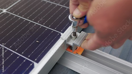 Close up of worker installing and working on maintenance of photovoltaic panel system installed. Mounting solar panel, installing solar panels on the roof of the house. Connection of solar panels