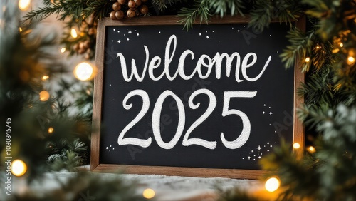 Rustic chalkboard sign warmly welcoming 2025, surrounded by lush festive greenery and glowing string lights. A cozy winter gathering atmosphere with soft candlelight and snowy accents