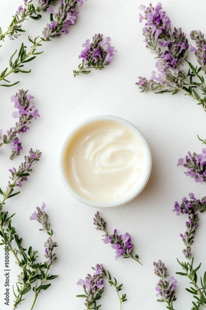 Cream jar with lavender on white background. Cream jar with lavender on white background.