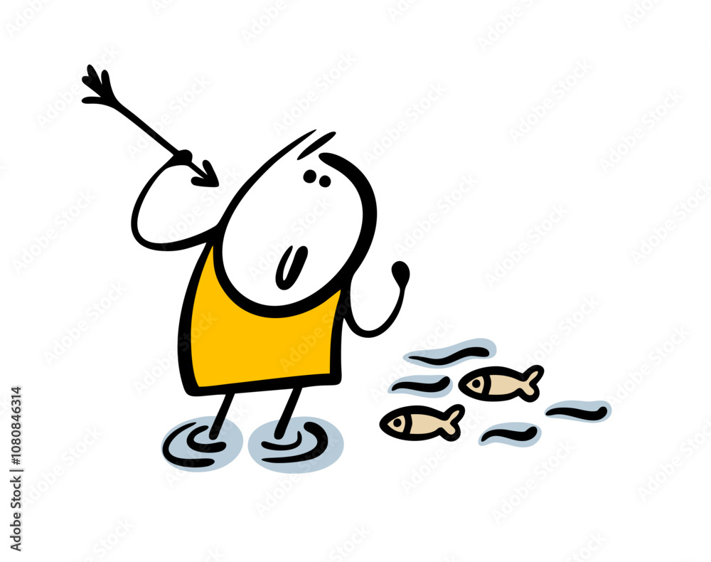 Stickman stands in the water and aims a spear or arrow at a fish in the river. Vector illustration of a fisherman in a lake. Man is resting on a camping trip, getting food. Isolated on white. Stickman stands in the water and aims a spear or arrow at a fish in the river. Vector illustration of a fisherman in a lake. Man is resting on a camping trip, getting food. Isolated on white.