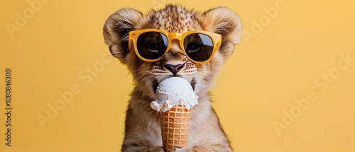 A playful lion cub wearing stylish sunglasses enjoys an ice cream cone against a vibrant yellow background, capturing a moment of pure joy and innocence.