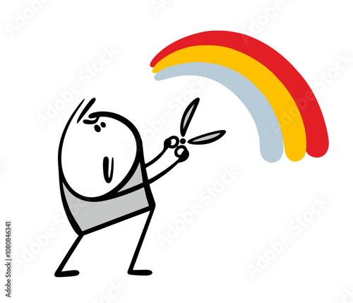 Doodle cunning and insidious stickman cuts a bright rainbow with scissors. Vector illustration of a boy spoiling the joy of others. Isolated cartoon character  on white background.
