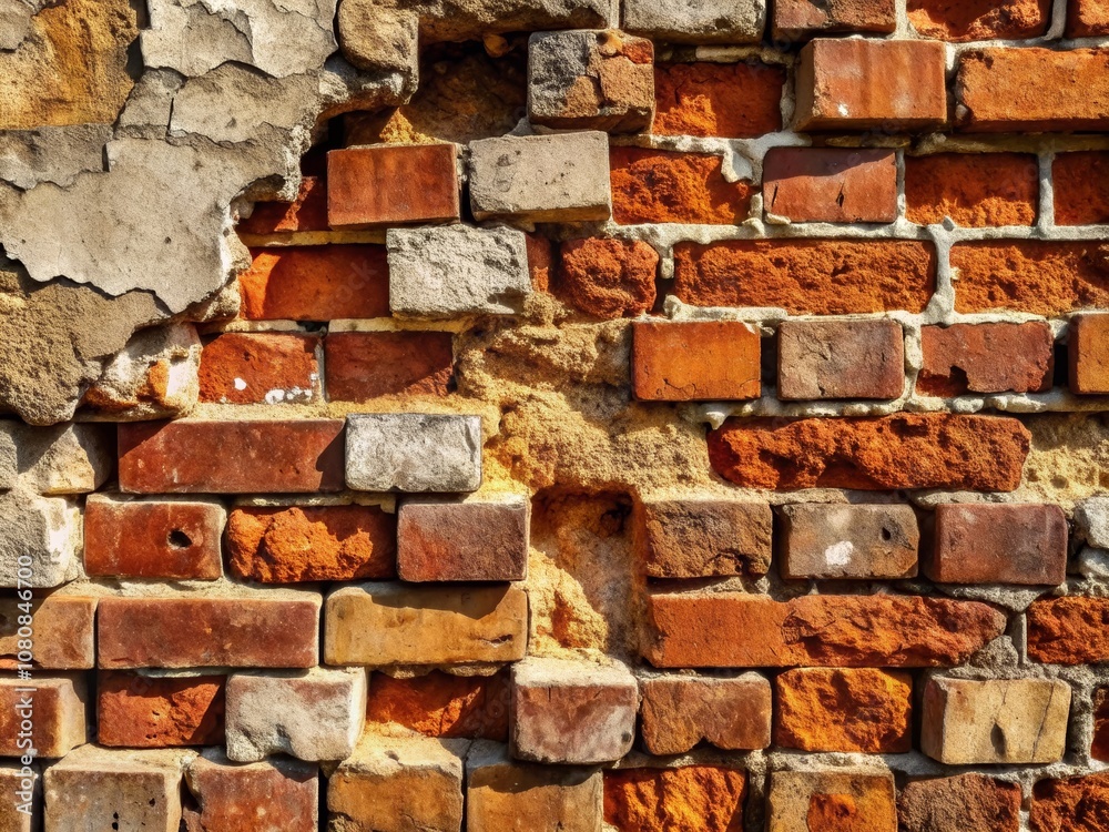 Obraz premium Weathered Brick Wall with Textured Damage, Perfect for Minimalist Photography Backgrounds, Showcasing Unique Patterns and Earthy Tones