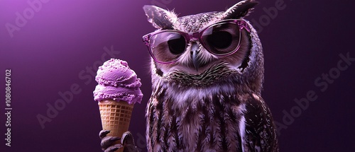 An adorable owl wearing sunglasses enjoys a delicious purple ice cream cone, showcasing a whimsical and fun atmosphere perfect for playful projects. photo