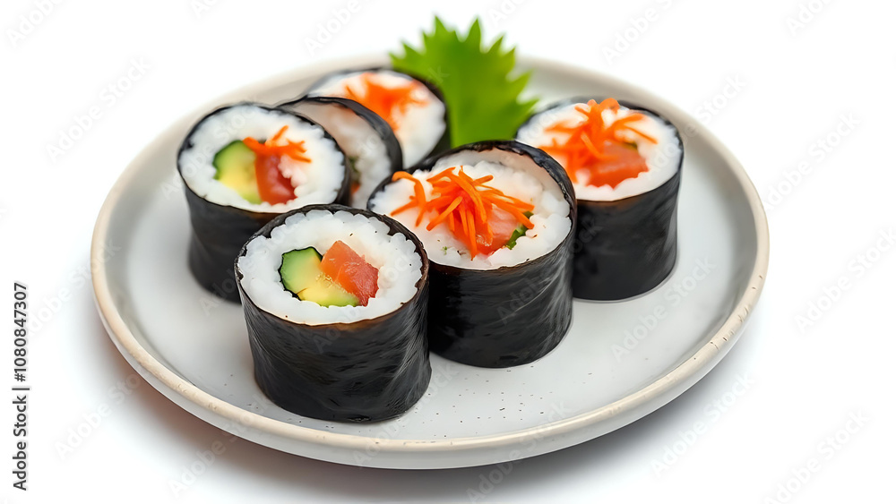 Japanese sushi on the plate isolated on white background. Ai generted image Japanese sushi on the plate isolated on white background. Ai generted image