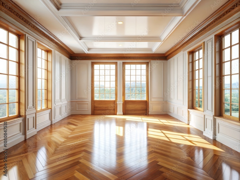 Spacious, Bright, Empty Room with White Walls and Wood Trim Featuring Large Windows Illuminating a Beautiful Wooden Floor in a Modern Design Spacious, Bright, Empty Room with White Walls and Wood Trim Featuring Large Windows Illuminating a Beautiful Wooden Floor in a Modern Design
