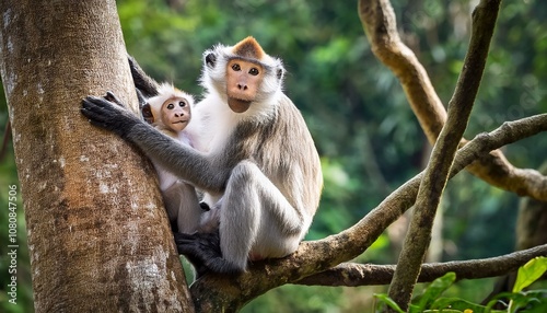 white tailed macaque sitting on a tree