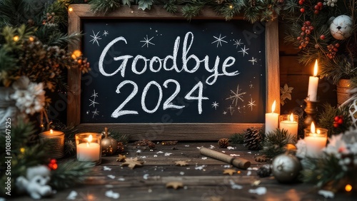 Warm, festive atmosphere, handwritten Goodbye 2024 on a chalkboard, surrounded by glowing candles, garlands, and holiday decorations in a cozy, softly lit room