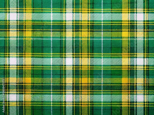 Seamless Emerald Green Tartan Fabric Pattern Featuring Checkered Design in Vibrant Shades of Green and Yellow for Textiles, Crafts, and Fashion Applications